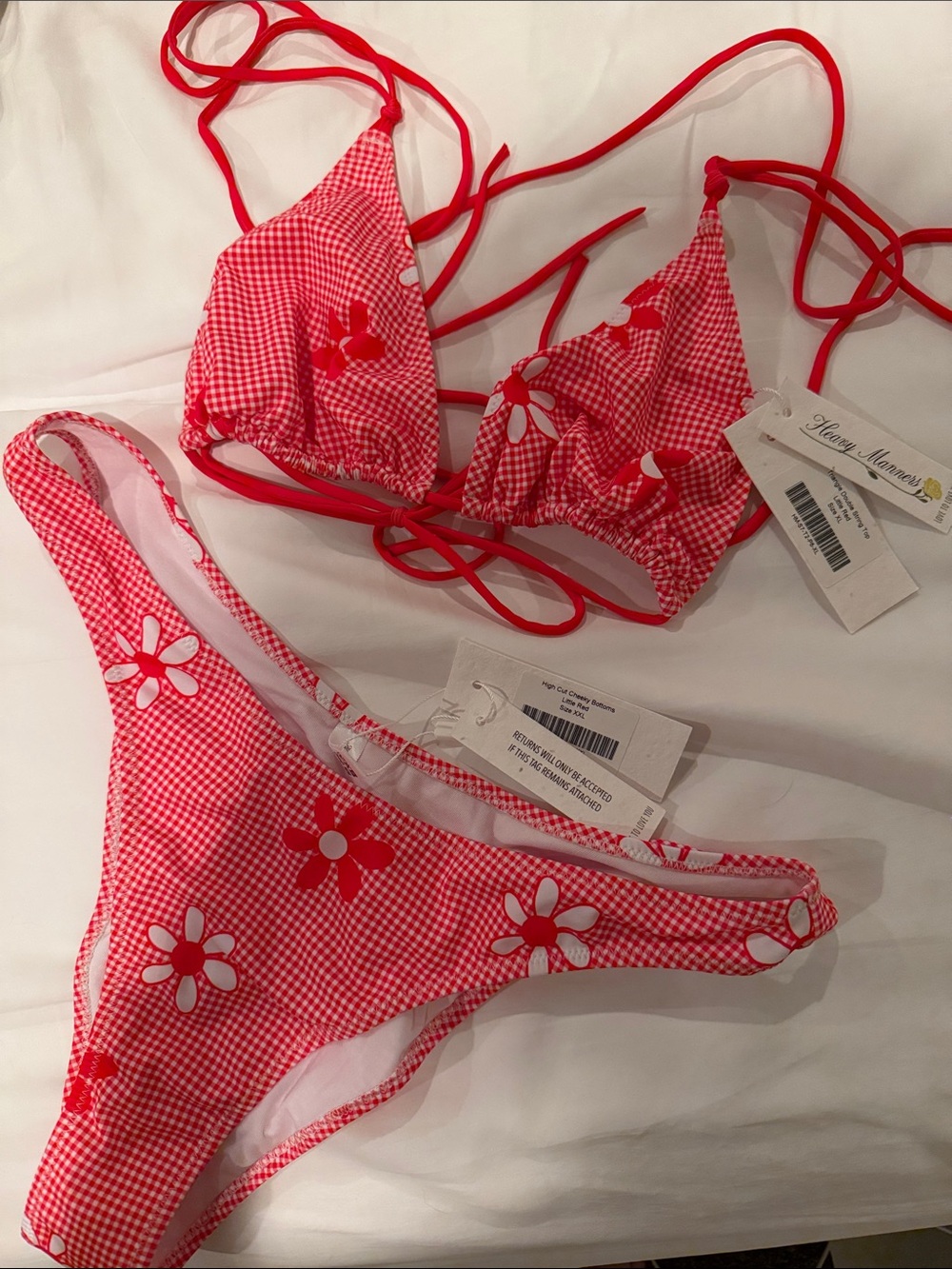 NWT Heavy Manners Red & White Floral Gingham Bikini Set XL Top/XXL Bottom